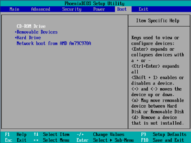 O menu de um BIOS em uma típica inicialização. 