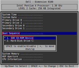 Agora escolha Boot Sequence e coloque o CD-Rom na posição pressionando - + e espaço para ativar. Pressione ESC para ativar e escolha salvar e sair. 